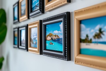 Wall of frames arranged in a grid pattern, showcasing travel photos and memories from around the world