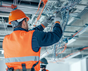 Electrical engineers are diligently installing wiring in commercial space, showcasing teamwork and expertise in their field. environment is busy and focused, highlighting importance of safety and prec