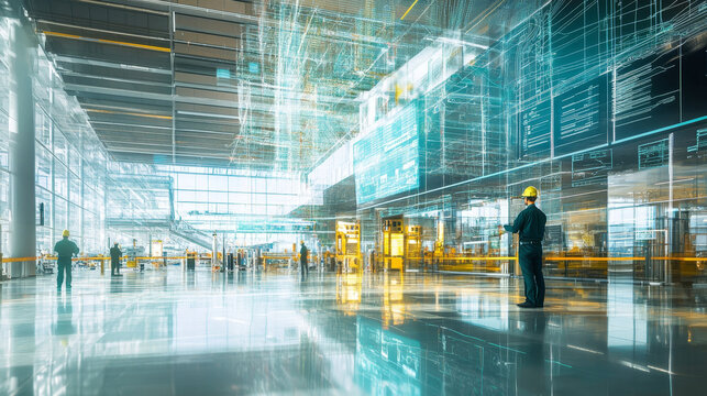 A large scale electrical installation in an airport showcases advanced engineering and technology. scene captures professionals working amidst futuristic environment filled with digital interfaces and