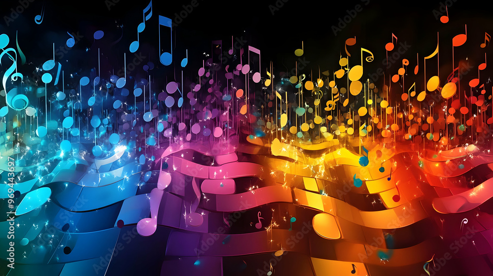 Poster a vibrant abstract design featuring musical notes in a colorful gradient background.