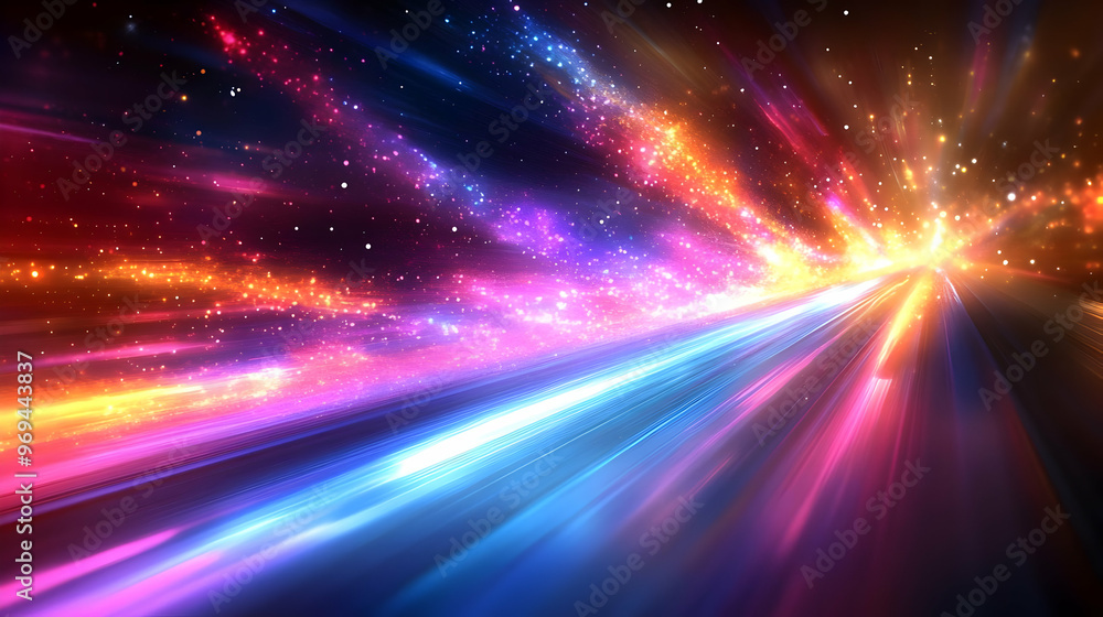 Poster a vibrant abstract image depicting light trails and cosmic elements in a colorful burst.