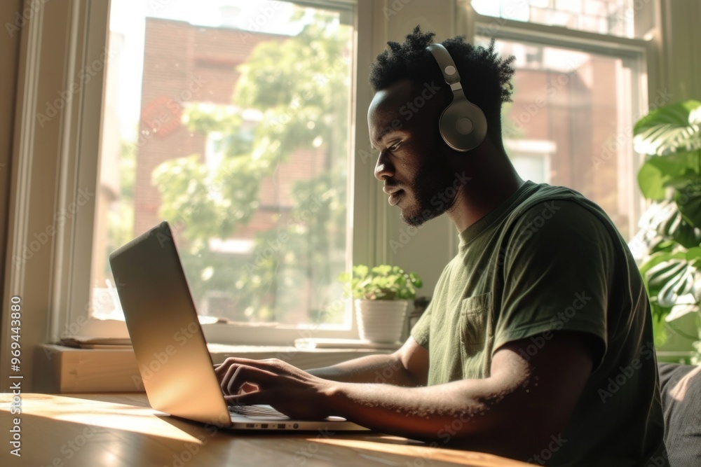 Canvas Prints black man typing on his laptop headphones computer sitting.