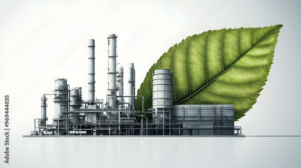 Poster futuristic factory with integrated leaf structure showcasing green architecture concept
