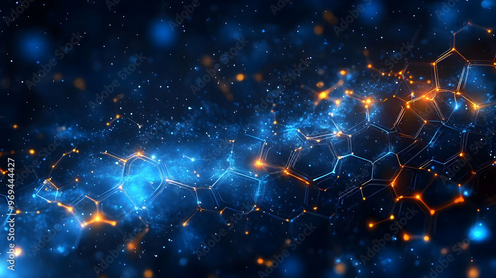 Poster a vibrant abstract representation of cosmic elements with glowing particles and hexagonal shapes.