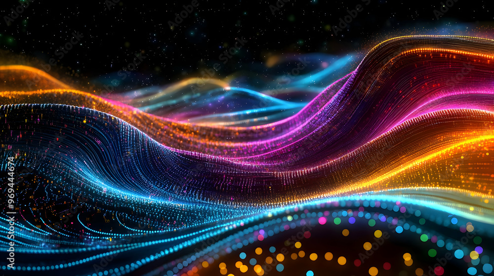 Poster a vibrant abstract representation of flowing waves with colorful light particles.