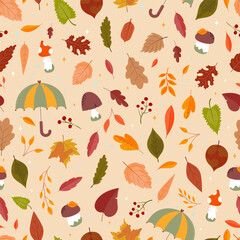 Autumn, golden autumn time, leaves, mushrooms, umbrella, rowan twigs, seamless pattern
