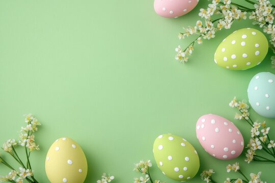 Easter festivity banner and poster design showcasing vibrant eggs in a soft green background. Elegant arrangement for easter wishes and presents. Easter sales and advertising template