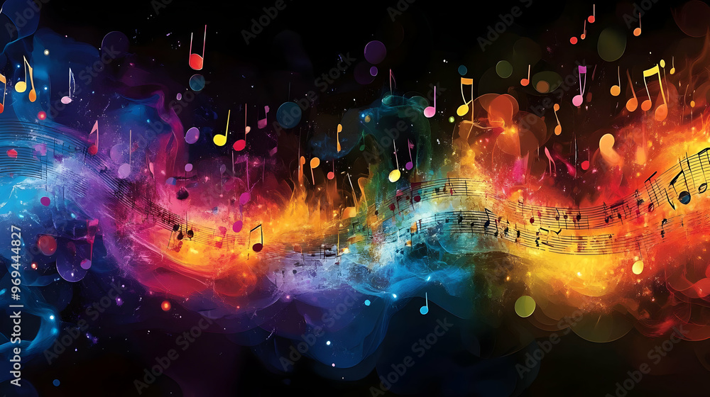 Poster a vibrant abstract representation of music with colorful notes and waves.