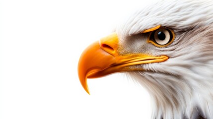 Fototapeta premium Close-up of a majestic eagle's head with sharp eyes and vibrant beak isolated on a white background, showcasing nature's beauty and power.