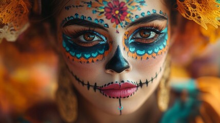 Fototapeta premium mexican catrina make up close up, Dia de los muertos.