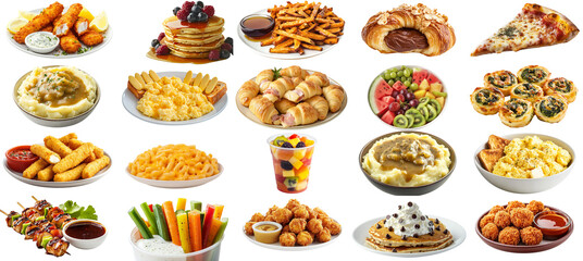 A collection of various foods, including pizza, french fries, and fruit. Concept of abundance and variety, with a focus on different types of food