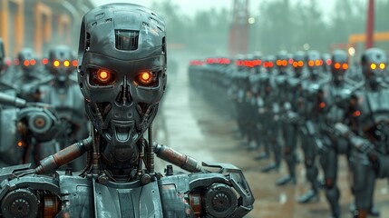 Fototapeta premium Humanoid robots are lined up in a stark industrial environment, their glowing eyes creating an eerie atmosphere as night falls