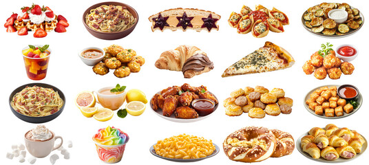 A collection of food items including pizza, waffles, and macaroni and cheese. Concept of abundance and variety, with a mix of sweet and savory dishes