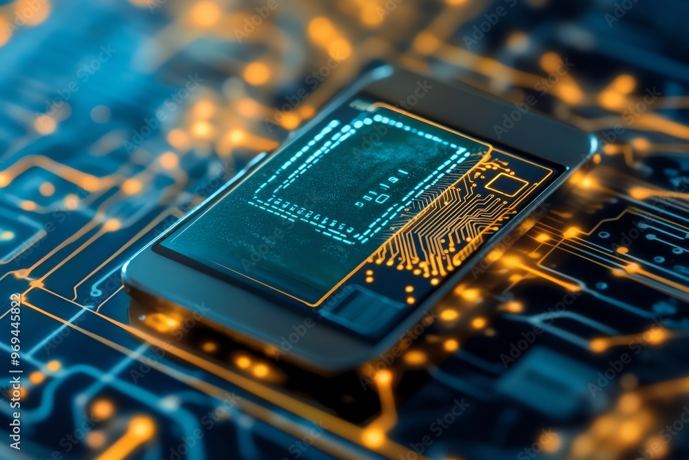 Poster a close up of a smartphone with a digital screen showing a blue and yellow circuit board on top of a