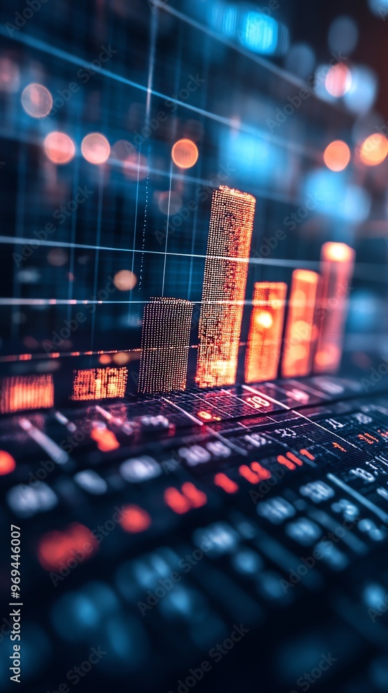 Poster a close up of a stock market chart with red bars rising on a blue background.