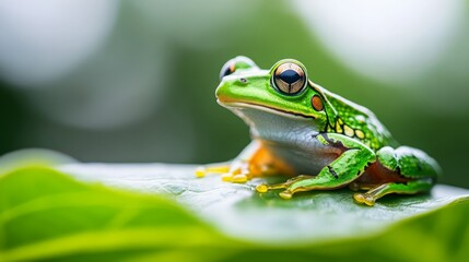 Naklejka premium Close-up of a vibrant green tree frog perched on a leaf with a blurred background, showcasing its bright colors and unique patterns.