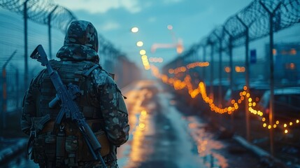 As dusk settles, a soldier stands watch in a secure area, bathed in the glow of distant lights, highlighting the tension of duty and safety