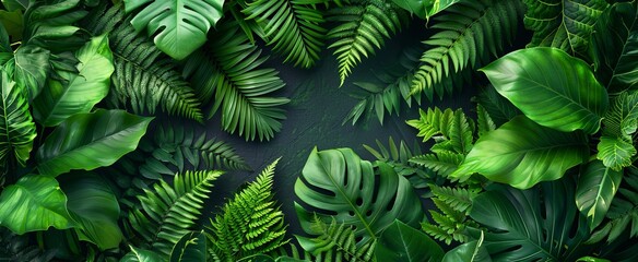 A tranquil array of vibrant green leaves envelops a central area, celebrating the diversity of tropical plants and the peacefulness of nature