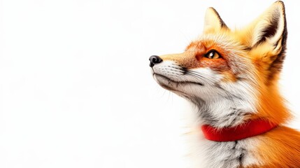 Obraz premium Close-up of a vibrant red fox with fluffy fur and sharp ears, gazing confidently to the side against a plain white background.