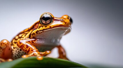 Close-up of a vibrant, exotic tree frog with striking orange and black patterns, perched on a green leaf against a blurred background.