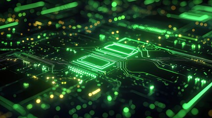 Futuristic circuit board pattern with glowing lines in neon green