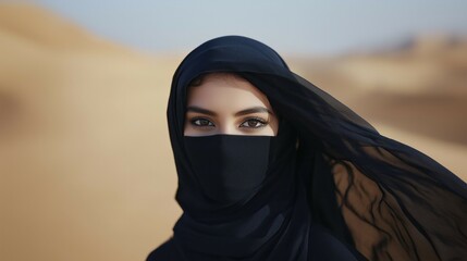 Naklejka premium Young beautiful woman wearing black hijab close up portrait outdoor photo in a desert