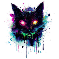 Naklejka premium A cat covered in dripping neon slime with big glowing neon eyes