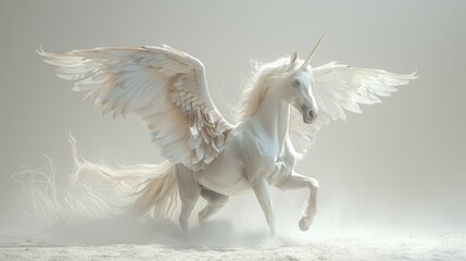 A stunning winged unicorn strides confidently across a dreamy, mist-filled terrain, illuminated by gentle, ethereal light