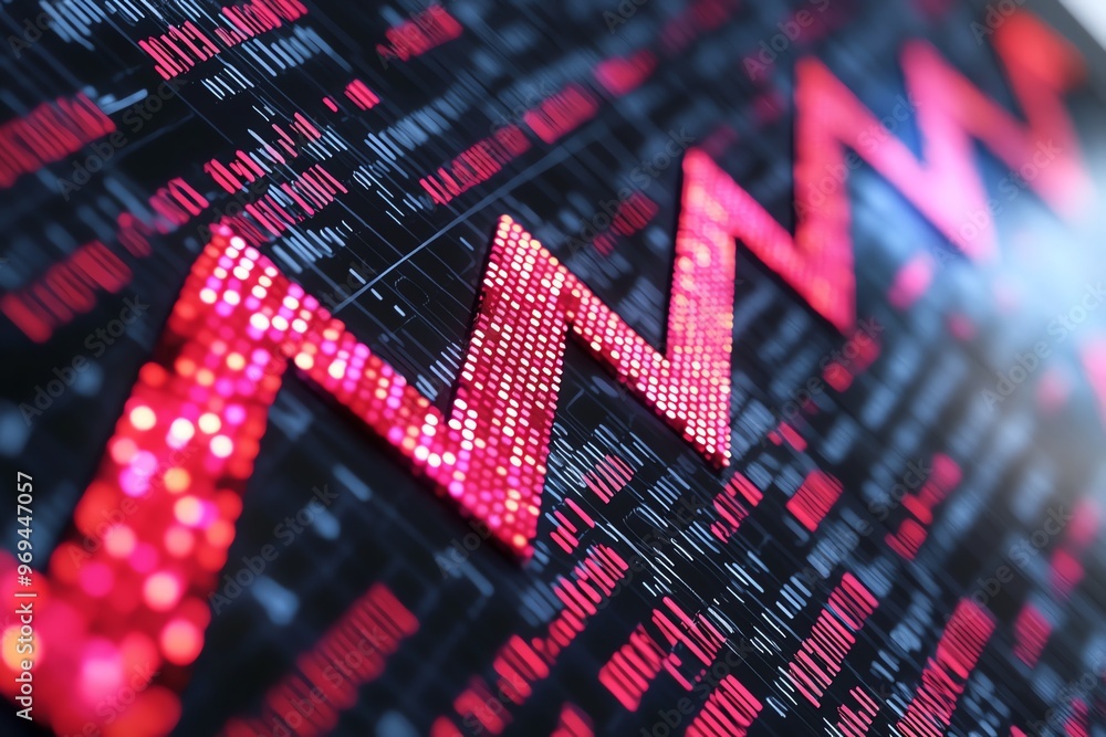 Aufkleber A close-up of a digital display with a red, zig-zagging arrow. The arrow is made of small, glowing dots and is moving through a grid of numbers.