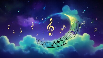 Music notes float in the sky alongside a crescent moon and fluffy clouds, creating a dreamy nighttime scene.