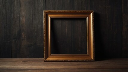 An empty gold frame hangs on a rustic wooden wall, creating a striking contrast between the frame and the natural wood.