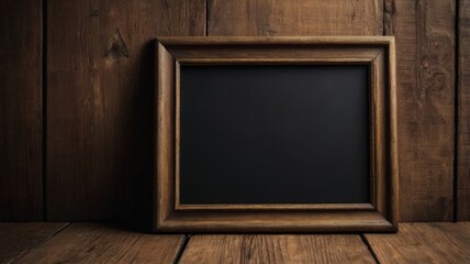 A simple wooden frame hangs on a rustic wooden wall, creating a minimalist and natural aesthetic.