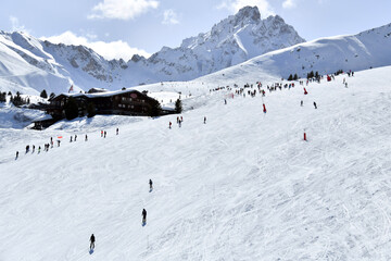 Ski slopes of Courchevel ski resort by winter