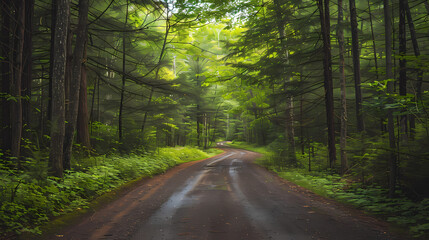 Empty Forest Road with Lush Greenery for Commercial Background