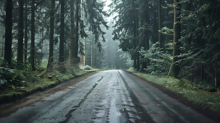 Empty Forest Road with Lush Greenery for Commercial Background