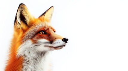 Fototapeta premium Close-up side profile of a red fox against a white background. The fox's fur looks vibrant and detailed, emphasizing its natural beauty.