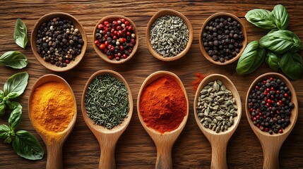 Top View of Assorted Spices, Fresh Herbs, and Cooking Utensils Arranged on a Rustic Wooden Background, Featuring Natural Ingredients Like Garlic, Chili, and Basil for Culinary and Recipe Preparation C