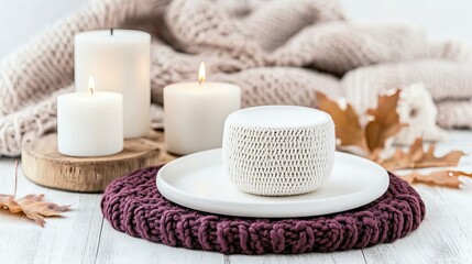 The table is adorned with a burgundy knitted placemat and a white plate, surrounded by candles, pumpkins, and autumn leaves, creating a cozy atmosphere for gatherings