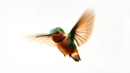 Colorful hummingbird in mid-flight with blurred wings captured against a white background, showcasing its vibrant feathers.