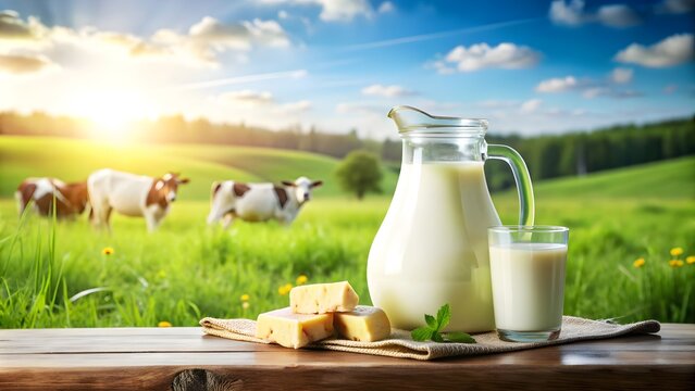 Fresh Milk with Cheese and Cows in the Background. - Powered by Adobe