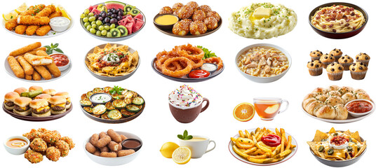 A collection of food items including sandwiches, fries, and desserts. Scene is casual and inviting, as it showcases a variety of options for a meal or snack