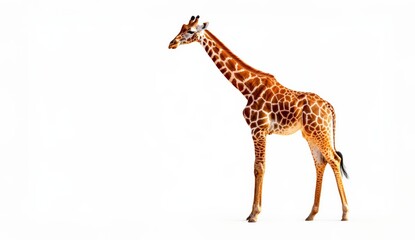 Obraz premium Giraffe standing gracefully on a plain white background, showcasing its elegant long neck and unique coat pattern.