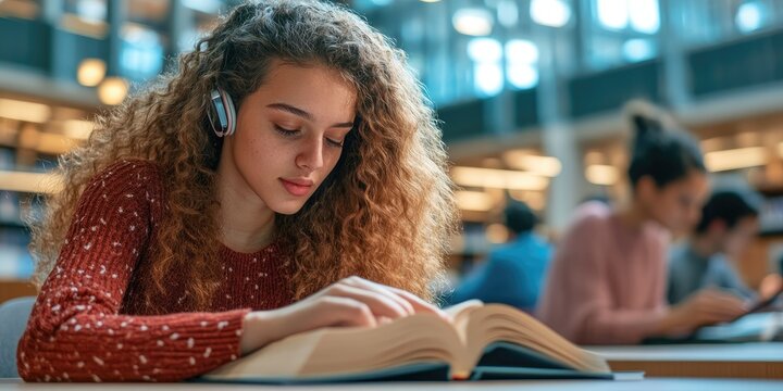 A student with a hearing aid reading a book in a library, focused on studying, with other students quietly working in the background under soft natural light