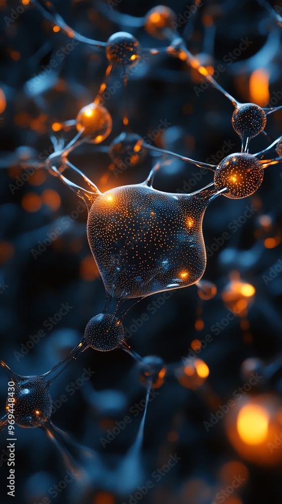 Poster A close-up of a neuron cell with glowing dendrites and an axon.