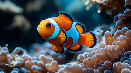 Fototapeta premium A vibrant clownfish swimming among soft corals in a colorful underwater scene.