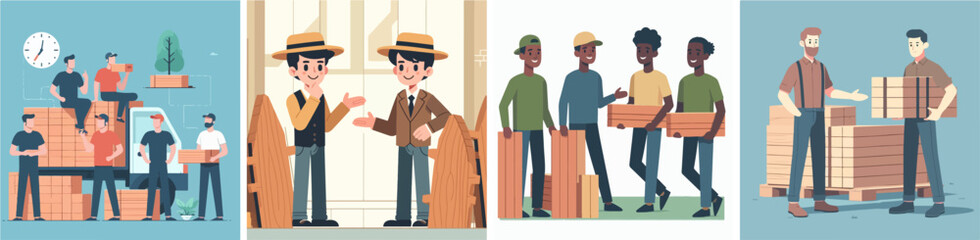 vector set of people selling wood in flat design style