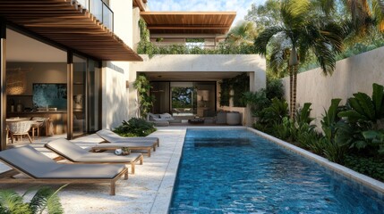 Stunning luxury backyard view of pool chaise lounge garden pergola with hot tub. Modern and sleek it has an effortless boho inspired resort like feel