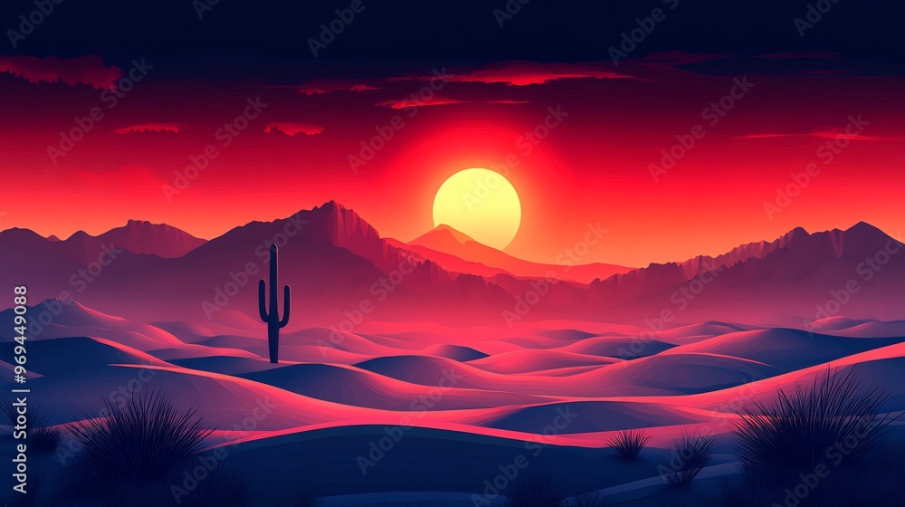 Poster vector design of a minimalist desert landscape with simple geometric shapes forming sand dunes and a