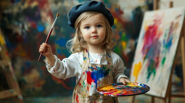 A toddler in an artists beret and smock, holding a paintbrush with one hand and a palette with the other, surrounded by paintings