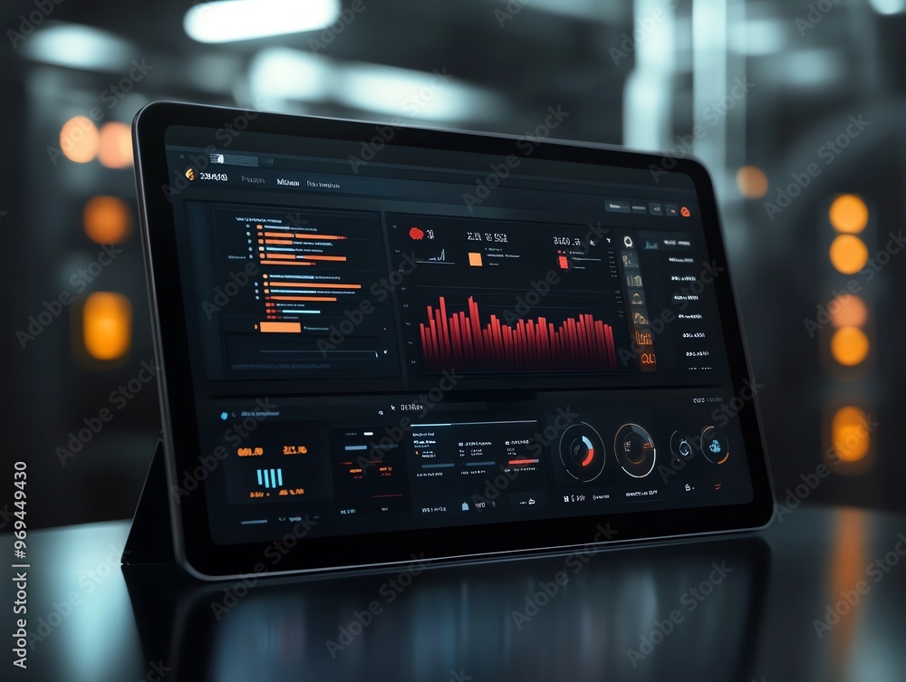 Poster A close-up of a tablet screen displaying various financial and stock market data, graphs, and charts with orange and red color scheme.
